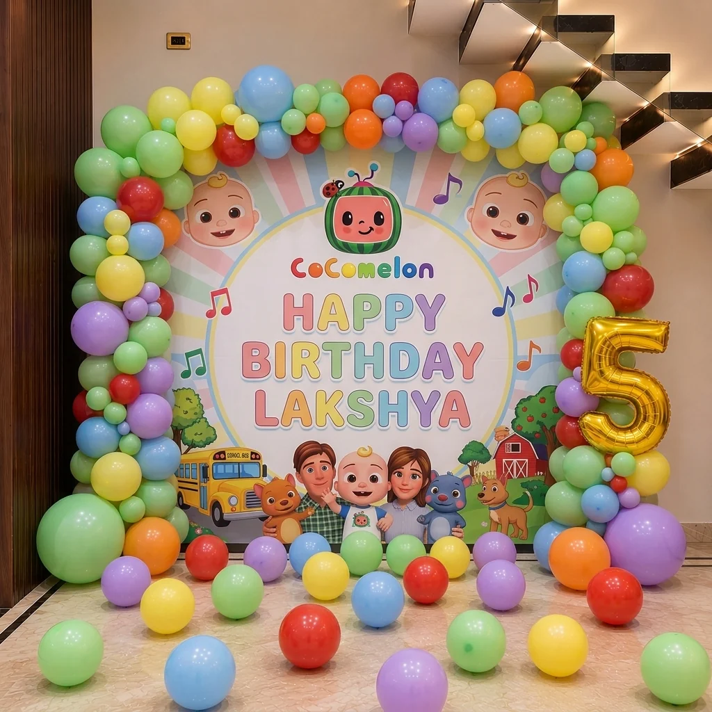Cocomelon Theme Birthday Backdrop with Balloons